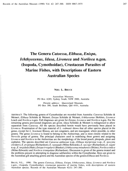 The Genera Catoessa, Elthusa, Enispa^ Ichthyoxenus^ Idusa^ Livoneca and Norileca N.Gen