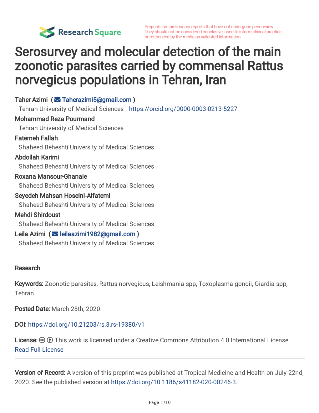 Serosurvey and Molecular Detection of the Main Zoonotic Parasites Carried by Commensal Rattus Norvegicus Populations in Tehran, Iran