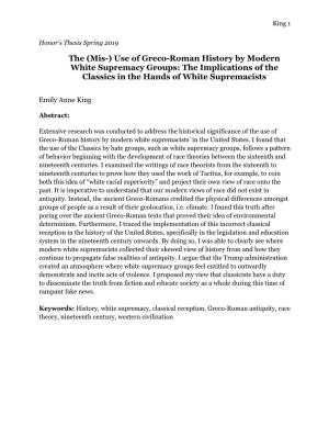 Use of Greco-Roman History by Modern White Supremacy Groups: the Implications of the Classics in the Hands of White Supremacists