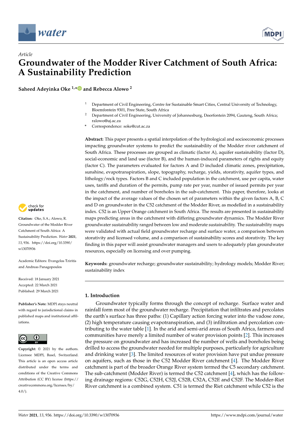 Groundwater of the Modder River Catchment of South Africa: a Sustainability Prediction