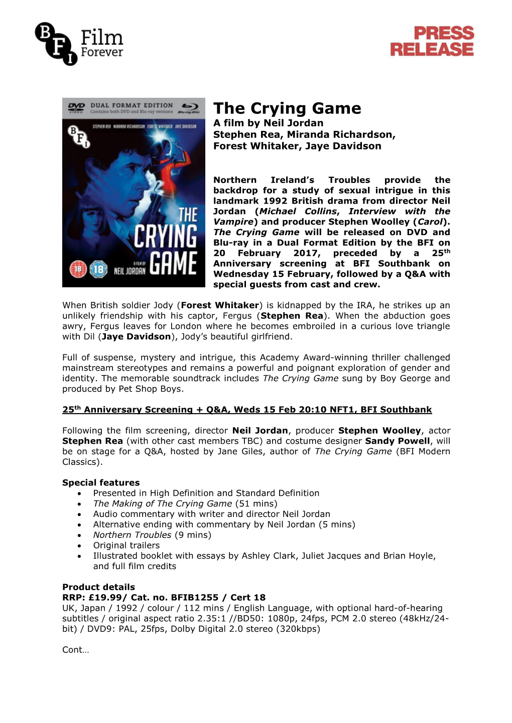 BFI Press Release: the Crying Game (Dual-Format Edition Blu-Ray/DVD)