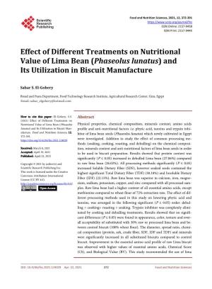 Effect of Different Treatments on Nutritional Value of Lima Bean (Phaseolus Lunatus) and Its Utilization in Biscuit Manufacture