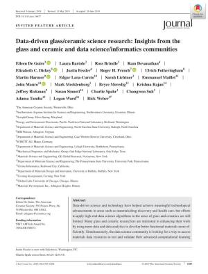 Data‐Driven Glass/Ceramic Science Research: Insights from the Glass and Ceramic and Data Science/Informatics Communities