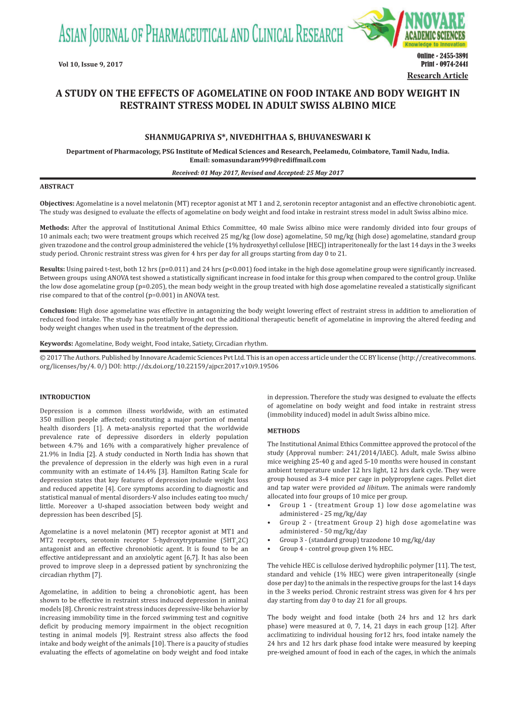 A Study on the Effects of Agomelatine on Food Intake and Body Weight in Restraint Stress Model in Adult Swiss Albino Mice