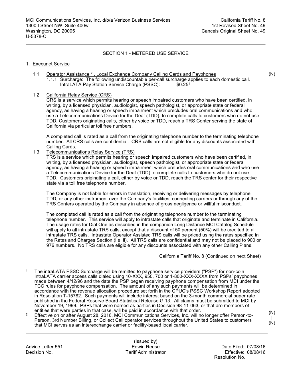 MCI Communications Services, Inc. D/B/A Verizon Business Services California Tariff No