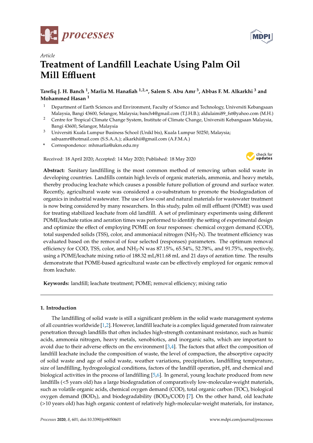 Treatment of Landfill Leachate Using Palm Oil Mill Effluent