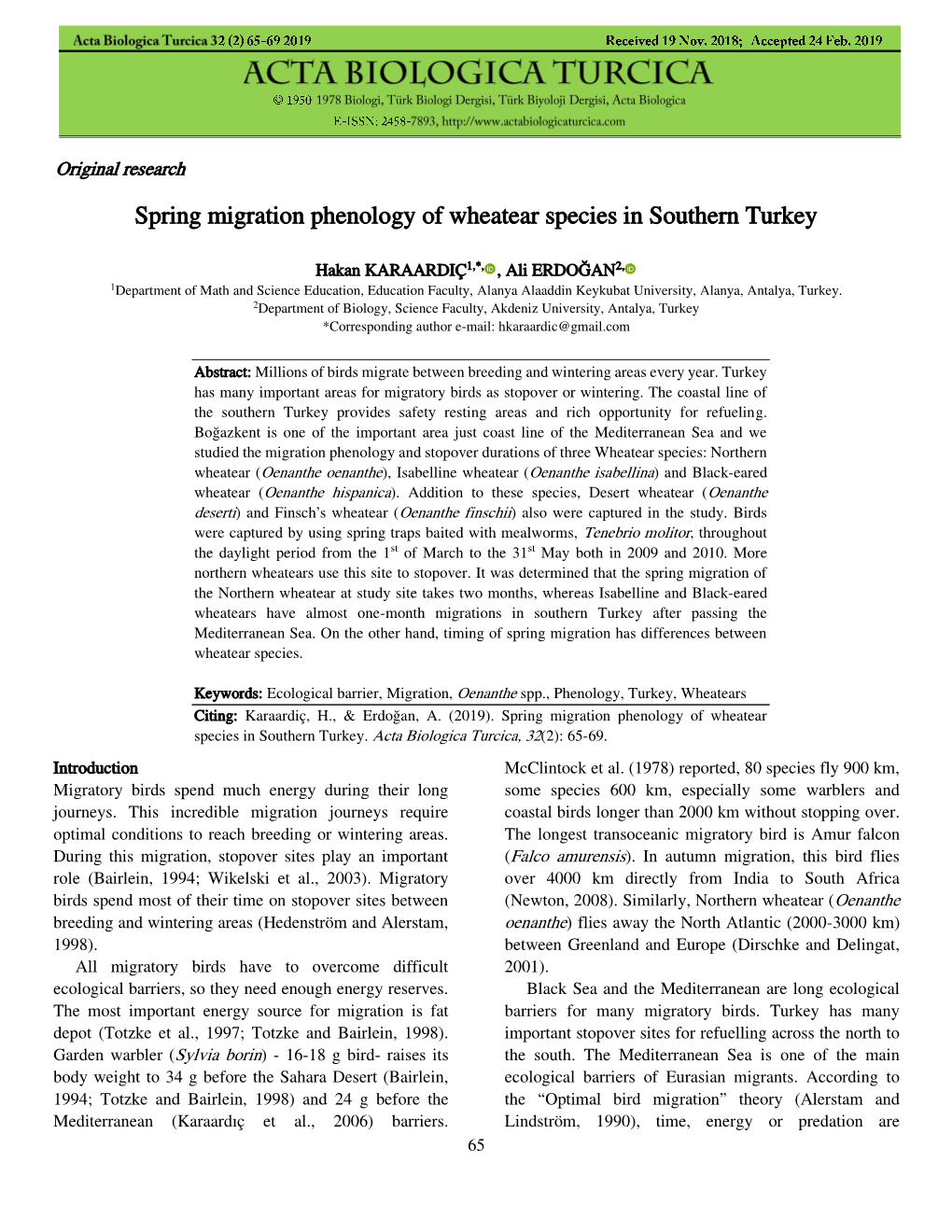 Spring Migration Phenology of Wheatear Species in Southern Turkey