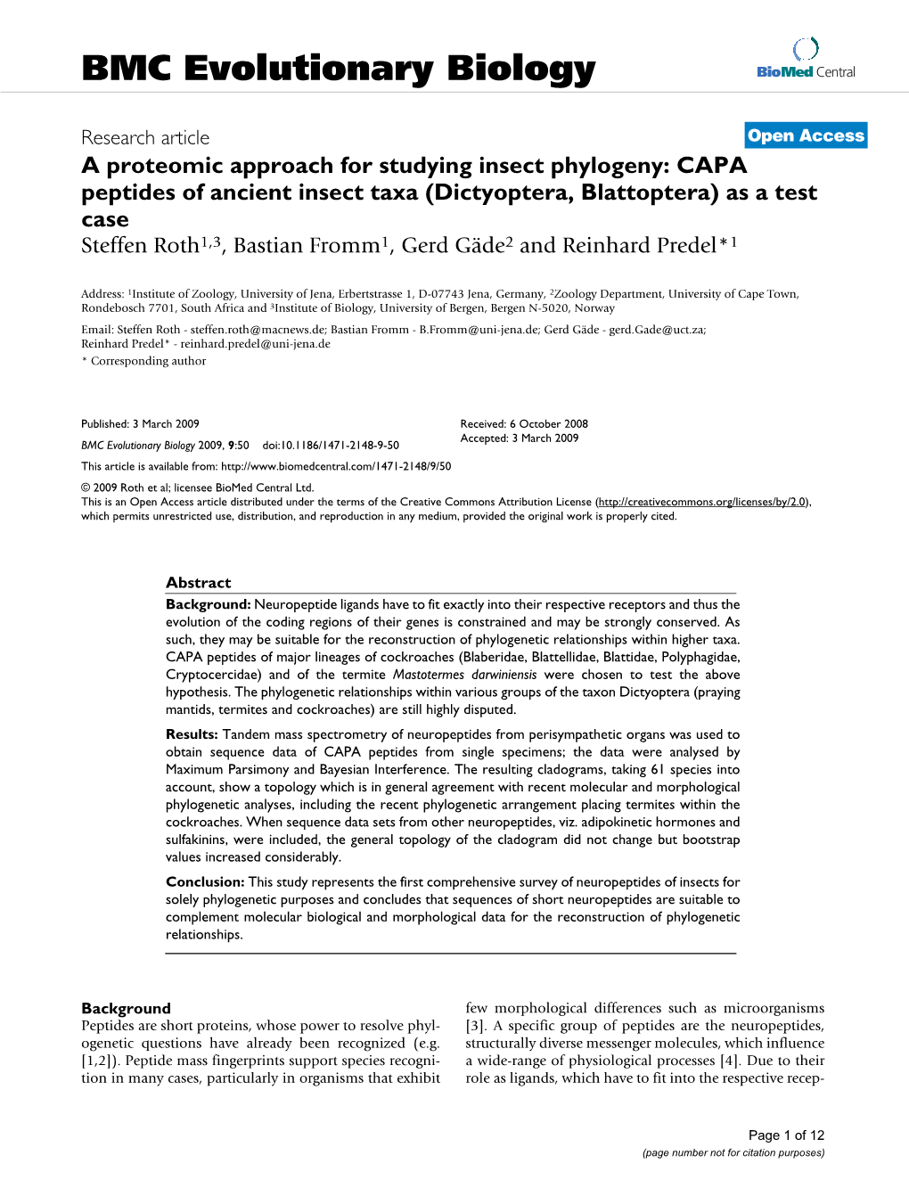 A Proteomic Approach for Studying Insect Phylogeny: CAPA Peptides of Ancient Insect Taxa (Dictyoptera, Blattoptera) As a Test Case