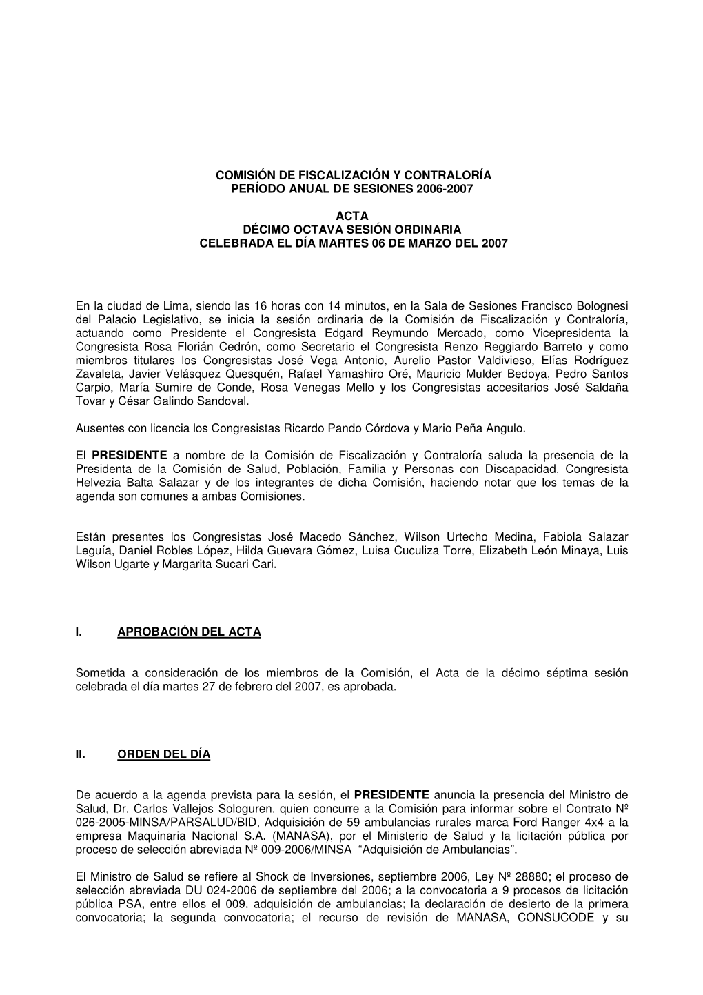 Comisión De Fiscalización Y Contraloría Período Anual De Sesiones 2006-2007