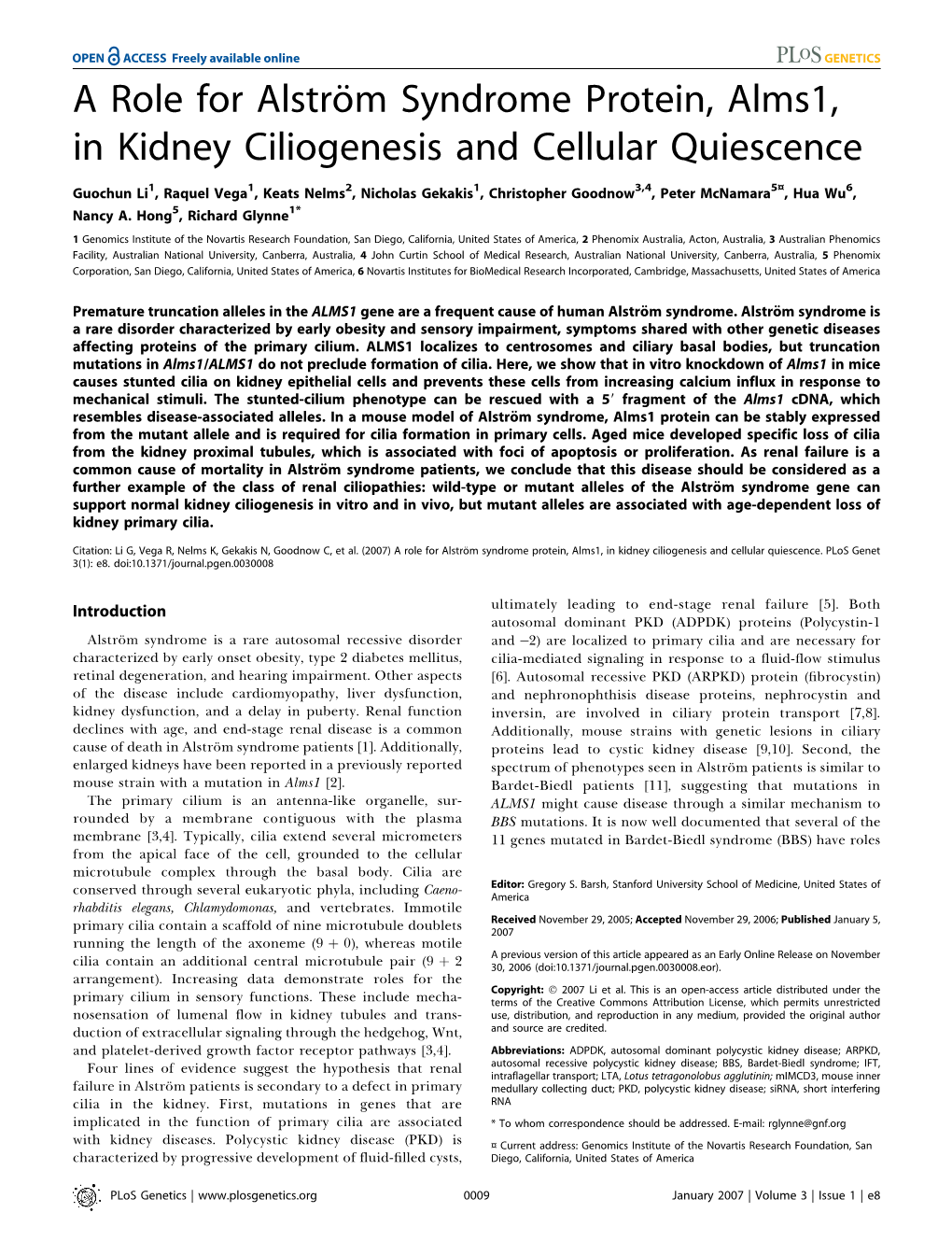 A Role for Alstro¨M Syndrome Protein, Alms1, in Kidney Ciliogenesis and Cellular Quiescence