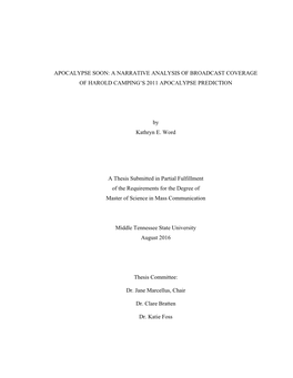 Apocalypse Soon: a Narrative Analysis of Broadcast Coverage of Harold Camping’S 2011 Apocalypse Prediction