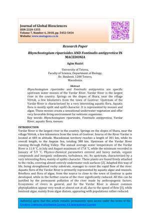 Research Paper Rhynchostegium Riparioides and Fontinalis Antipyretica in MACEDONIA