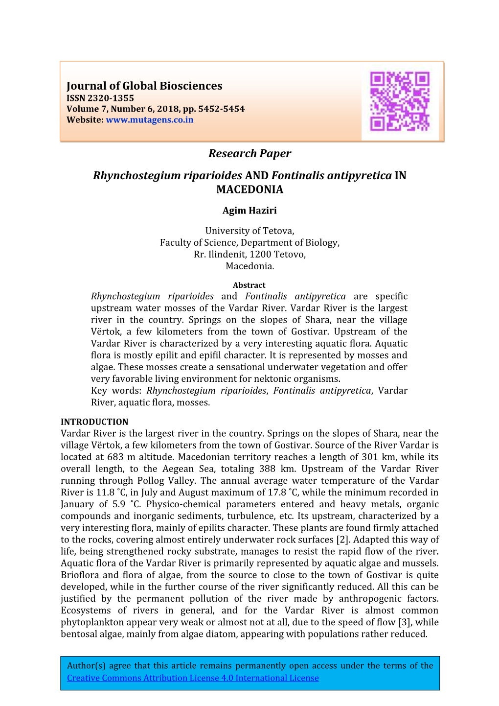 Research Paper Rhynchostegium Riparioides and Fontinalis Antipyretica in MACEDONIA