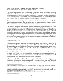 Policy Memo for Slum Upgrading and Long-Run Urban Development1 by Mariaflavia Harari and Maisy Wong2 (February 2020)