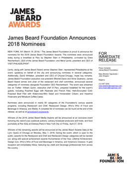 James Beard Foundation Announces 2018 Nominees