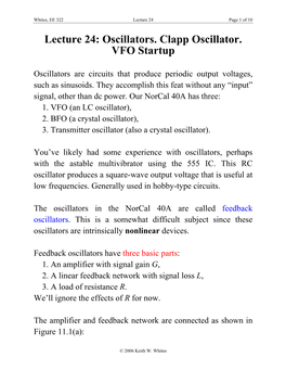 Lecture 24: Oscillators. Clapp Oscillator. VFO Startup