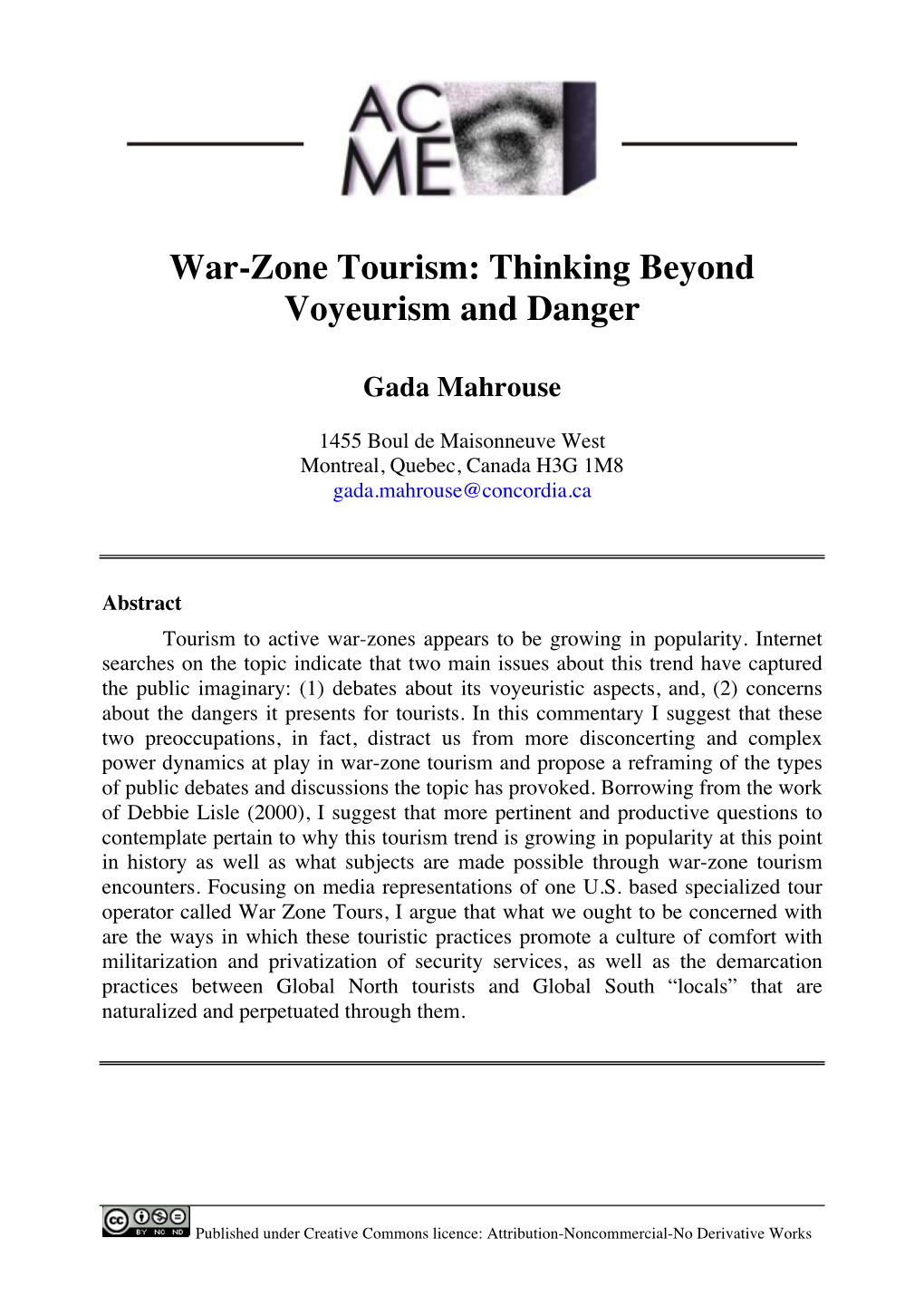 War-Zone Tourism: Thinking Beyond Voyeurism and Danger
