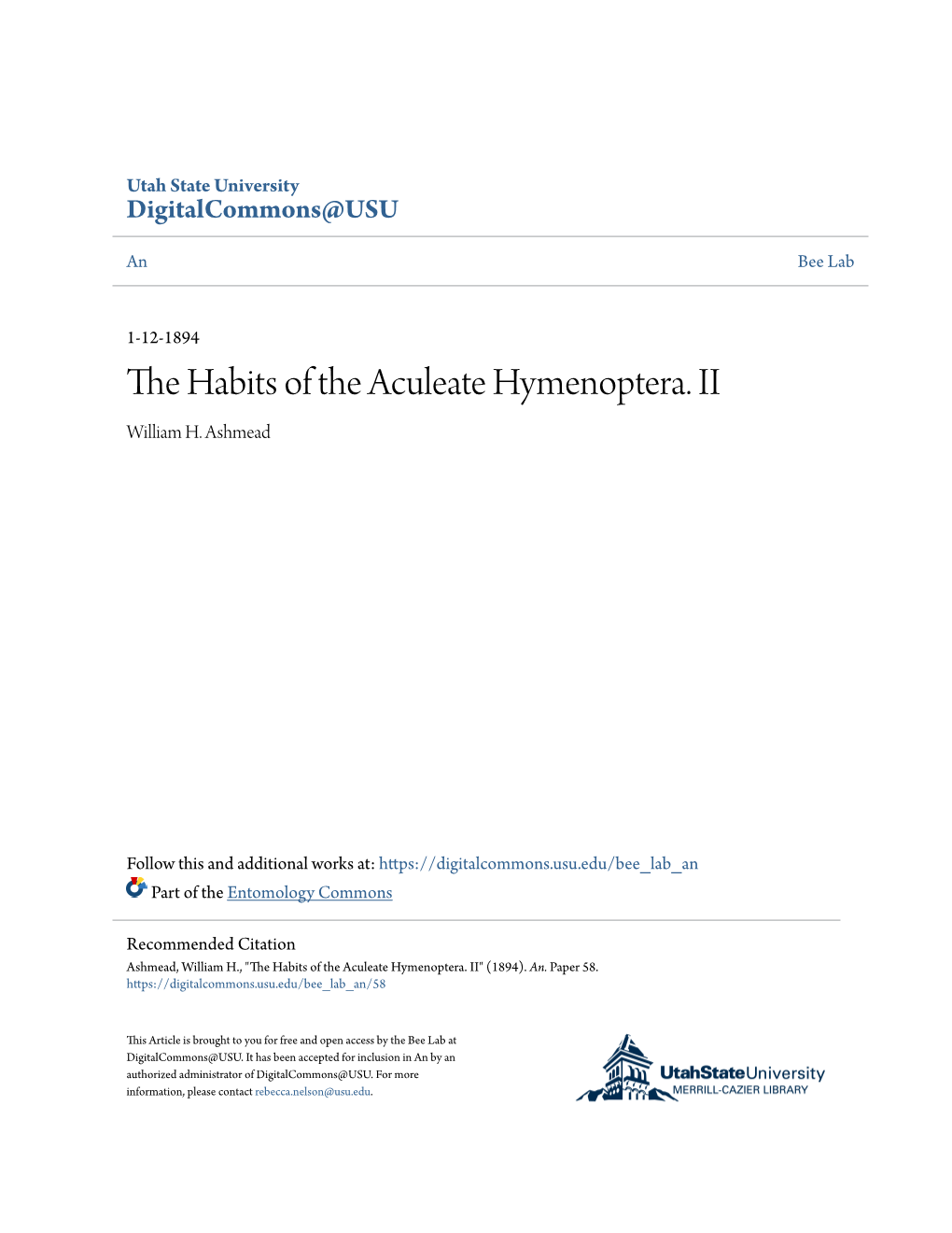 The Habits of the Aculeate Hymenoptera. II