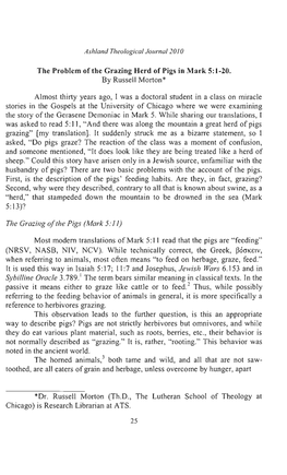 "The Problem of the Grazing Herd of Pigs in Mark 5:1-20," Ashland