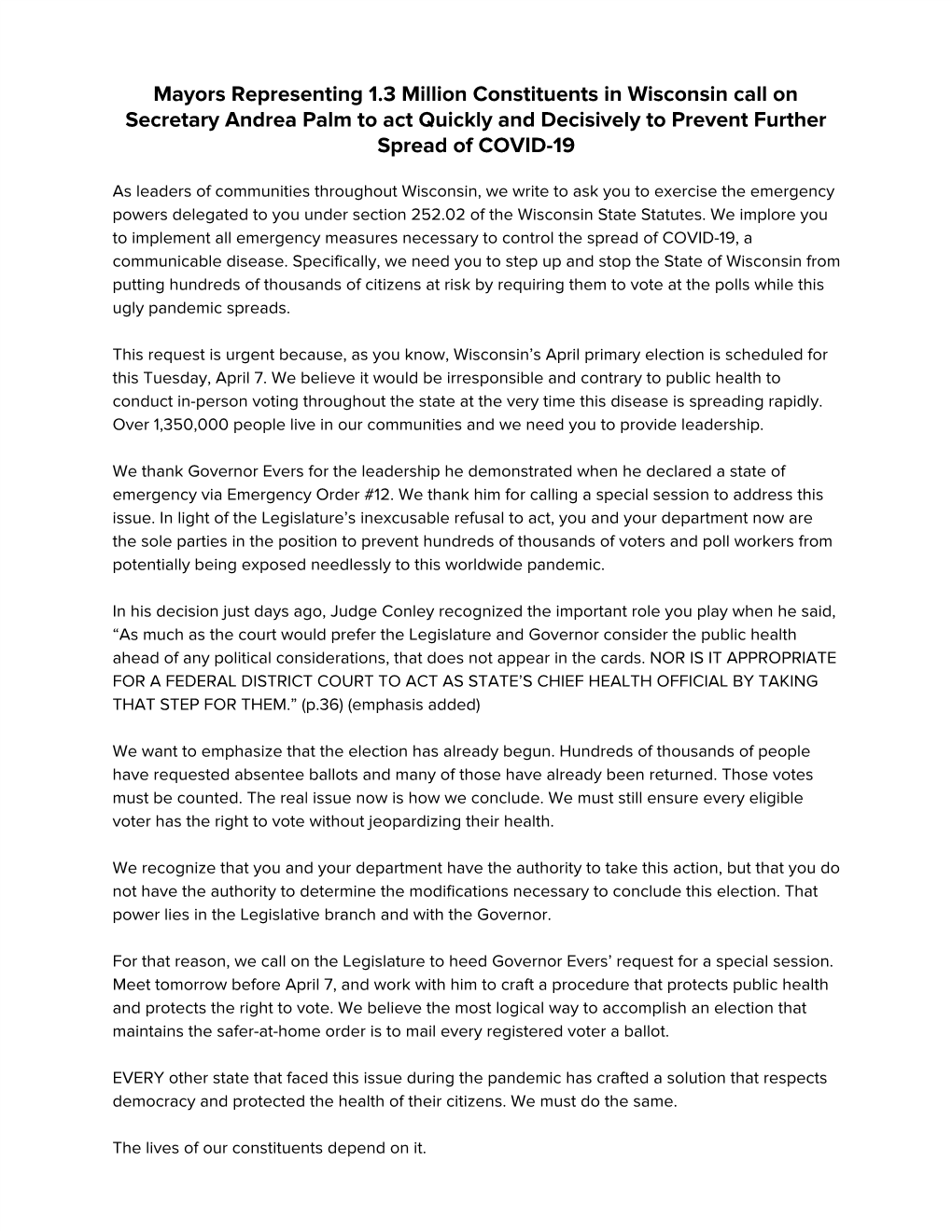 Mayors Representing 1.3 Million Constituents in Wisconsin Call on Secretary Andrea Palm to Act Quickly and Decisively to Prevent Further Spread of COVID-19