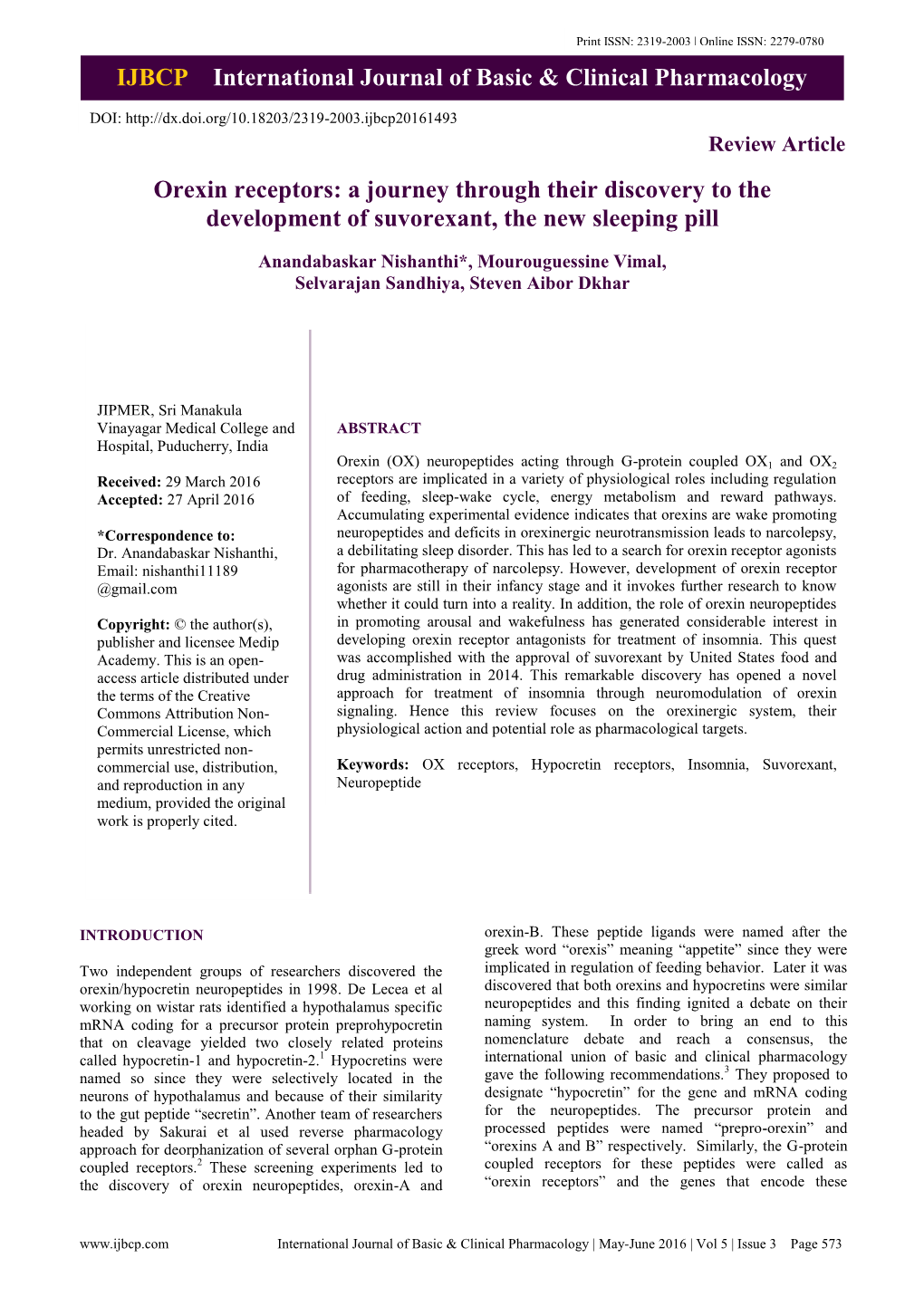 IJBCP International Journal of Basic & Clinical Pharmacology Orexin