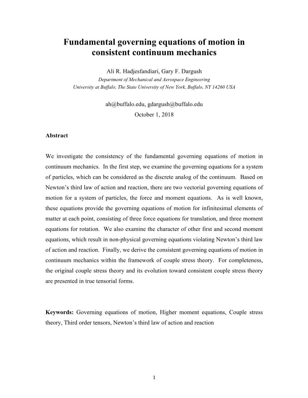 Fundamental Governing Equations of Motion in Consistent Continuum Mechanics