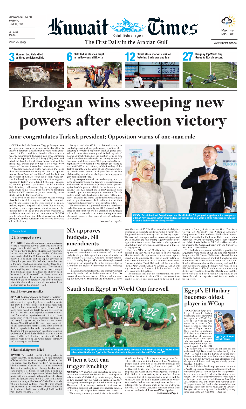 Erdogan Wins Sweeping New Powers After Election Victory Amir Congratulates Turkish President; Opposition Warns of One-Man Rule