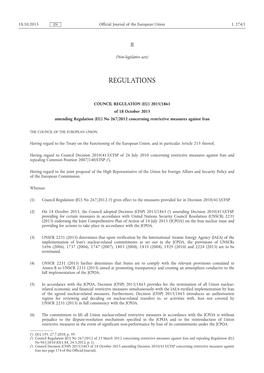 2015/1861 of 18 October 2015 Amending Regulation (EU) No 267/2012 Concerning Restrictive Measures Against Iran