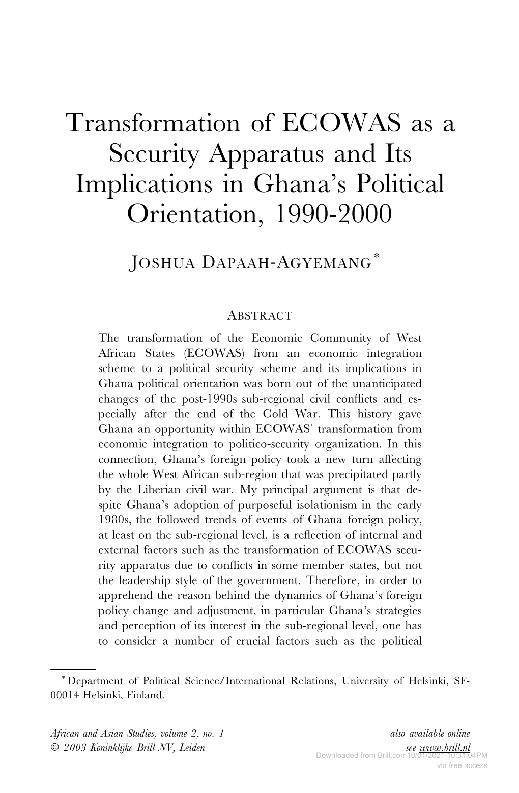 Transformation of ECOWAS As a Security Apparatus and Its