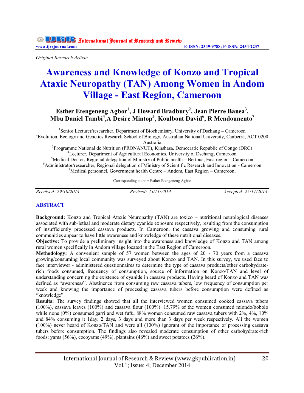 Awareness and Knowledge of Konzo and Tropical Ataxic Neuropathy (TAN) Among Women in Andom Village - East Region, Cameroon