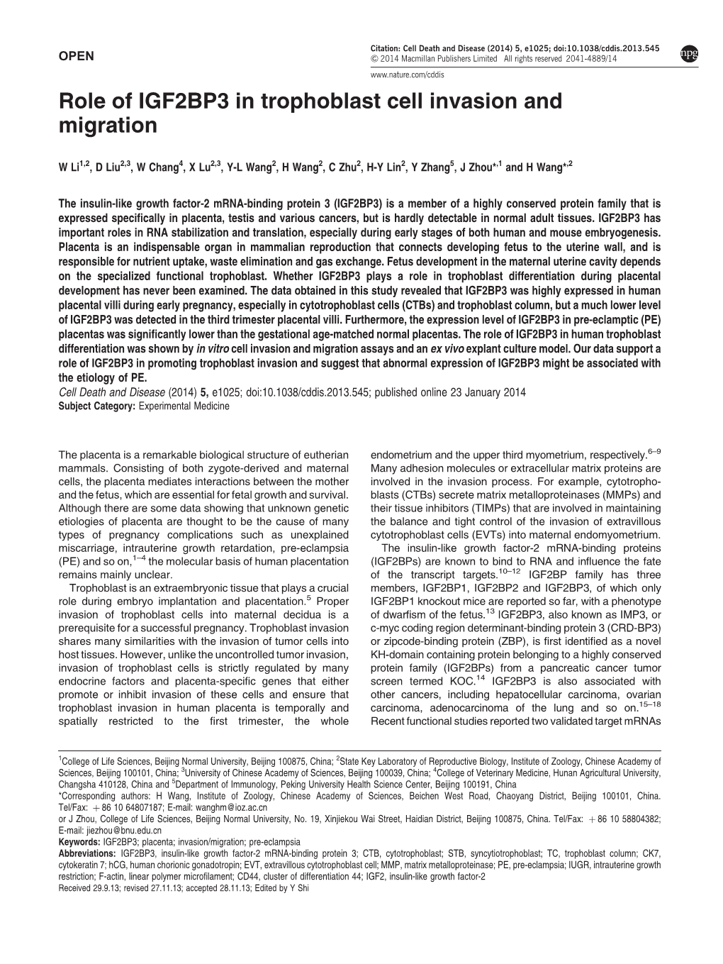 Role of IGF2BP3 in Trophoblast Cell Invasion and Migration