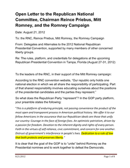 Open Letter to the Republican National Committee, Chairman Reince Priebus, Mitt Romney, and the Romney Campaign