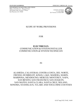 Scope of Work Provisions for Electrician: Communication & System Installer Communication & System Technician in Alameda