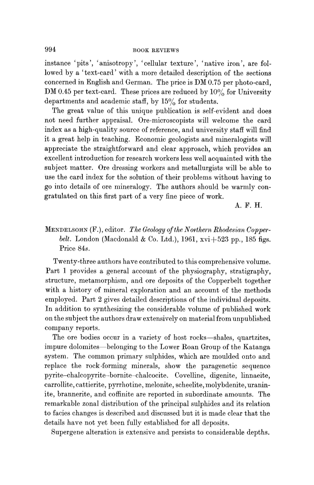 MENDELSOHN (F.), Editor. the Geology of the Northern Rhodesian Copper- Belt