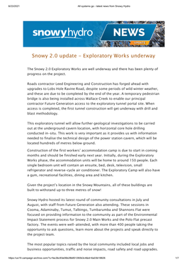 Snowy 2.0 Update - Exploratory Works Underway