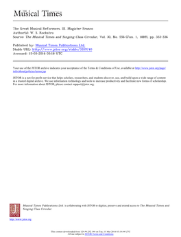 The Great Musical Reformers. III. Magister Franco Author(S): W. S. Rockstro Source: the Musical Times and Singing Class Circular, Vol