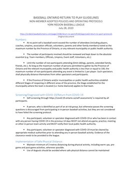 BASEBALL ONTARIO RETURN to PLAY GUIDELINES NON-MEMBER ADOPTED POLICIES and OPERATING PROTOCOLS YORK REGION BASEBALL LEAGUE July 28, 2020