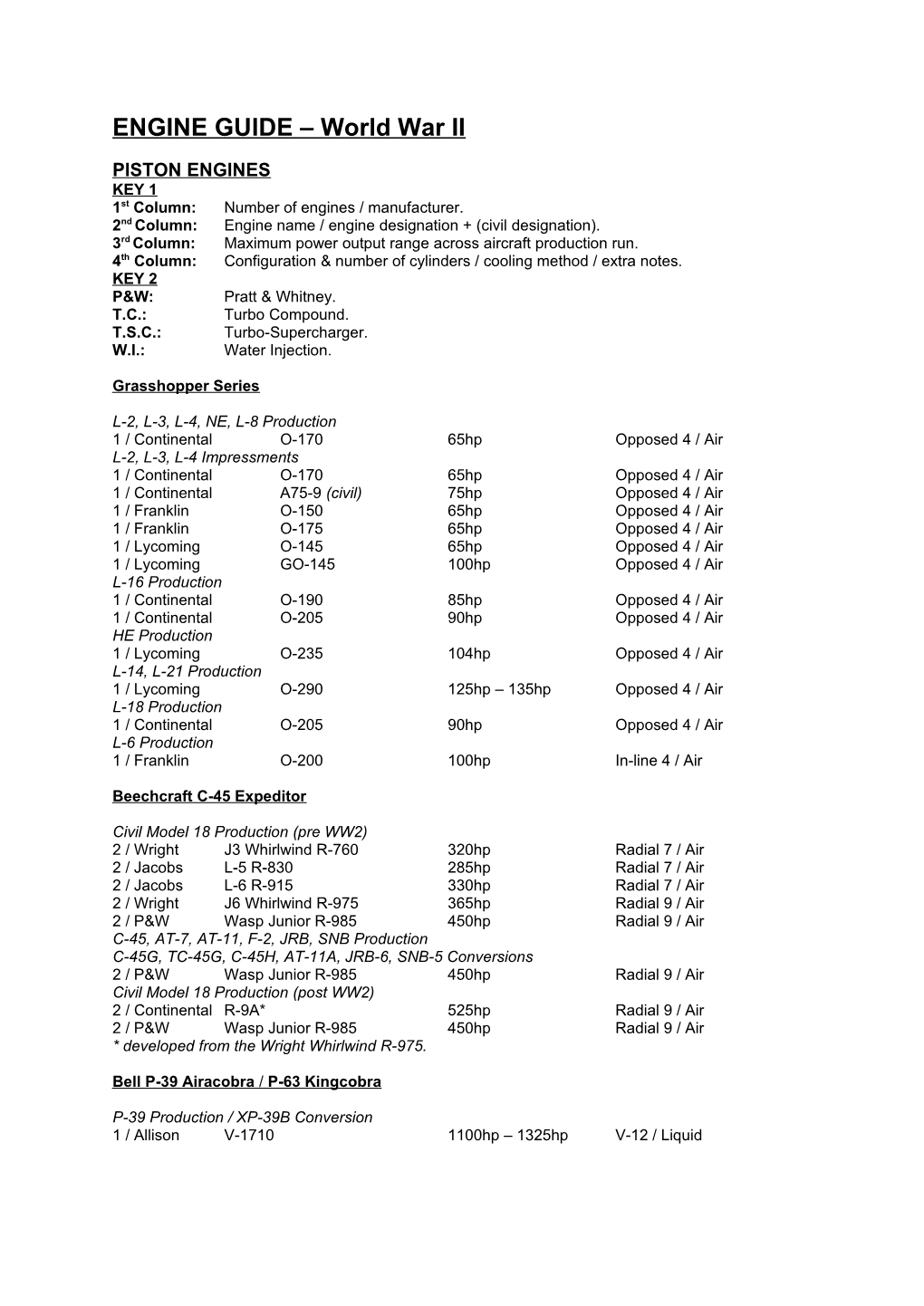 ENGINES KEY 1 1St Column: Number of Engines / Manufacturer