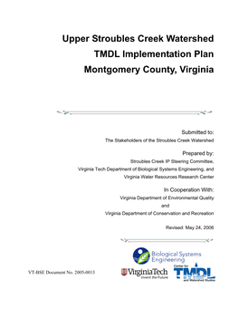 Upper Stroubles Creek Watershed TMDL Implementation Plan Montgomery County, Virginia