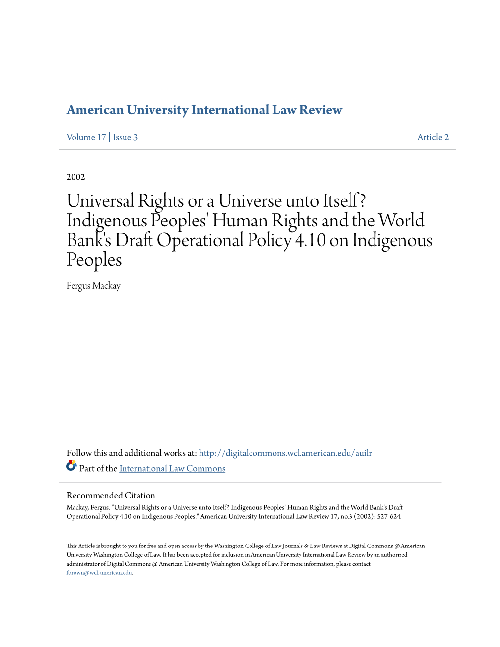 Indigenous Peoples' Human Rights and the World Bank's Draft Operational Policy 4.10 on Indigenous Peoples Fergus Mackay