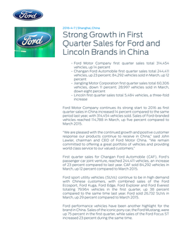 Strong Growth in First Quarter Sales for Ford and Lincoln Brands in China