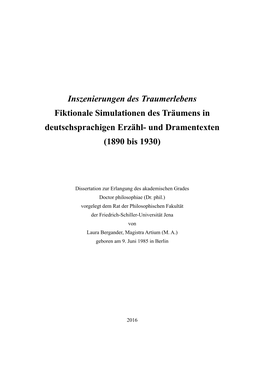 Inszenierungen Des Traumerlebens Fiktionale Simulationen Des Träumens in Deutschsprachigen Erzähl- Und Dramentexten (1890 Bis 1930)