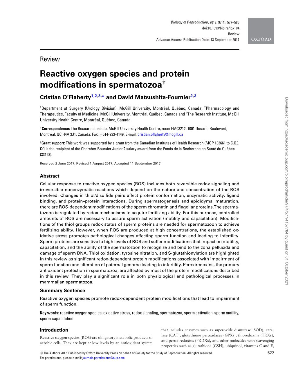 Reactive Oxygen Species and Protein Modifications in Spermatozoa