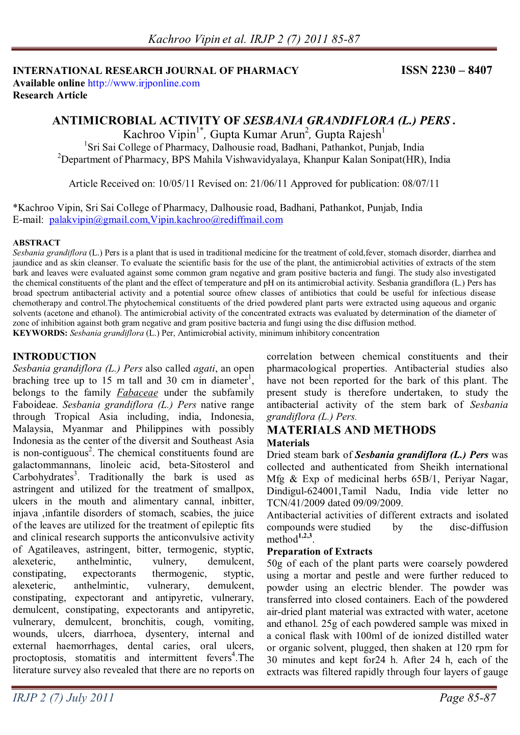 Antimicrobial Activity. Sesbania Grandiflora (L.) Pers