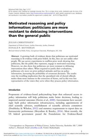 Motivated Reasoning and Policy Information: Politicians Are More Resistant to Debiasing Interventions Than the General Public