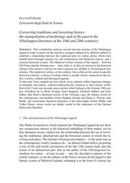 Correcting Traditions and Inventing History: the Manipulation of Mythology and of the Past in the Nibelungen-Literature of the 19Th and 20Th Centuries
