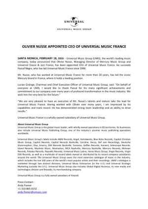 Olivier Nusse Appointed Ceo of Universal Music France