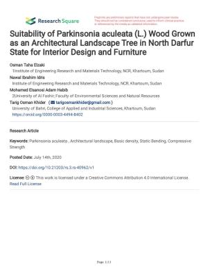 Suitability of Parkinsonia Aculeata (L.) Wood Grown As an Architectural Landscape Tree in North Darfur State for Interior Design and Furniture