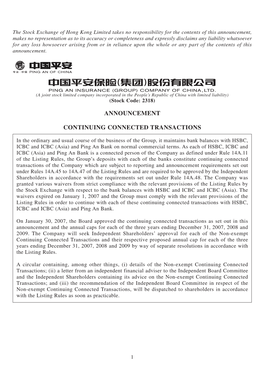 Ping an Insurance (Group) Company of China, Ltd., a Joint Stock Limited Company Established in the PRC, the H Shares of Which Are Listed on the Stock Exchange