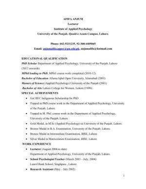 CV of Dr. Afifa Anjum